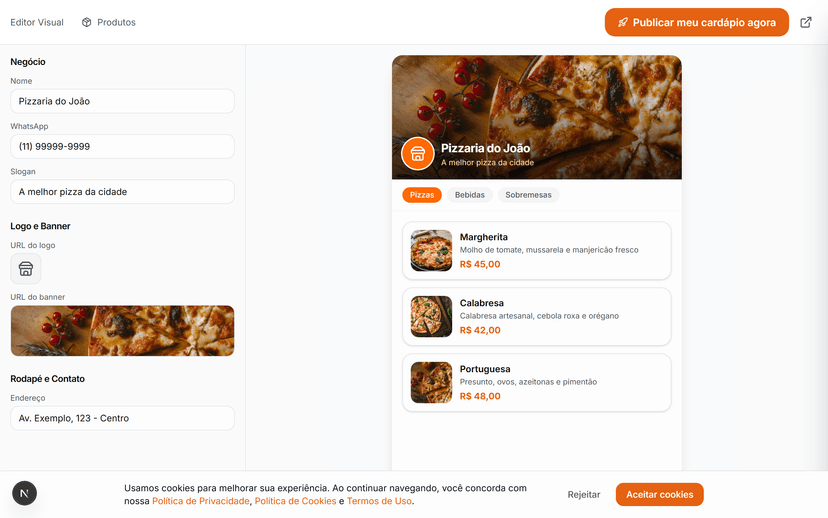 Editor visual do cardápio digital Zairyx — monte em minutos